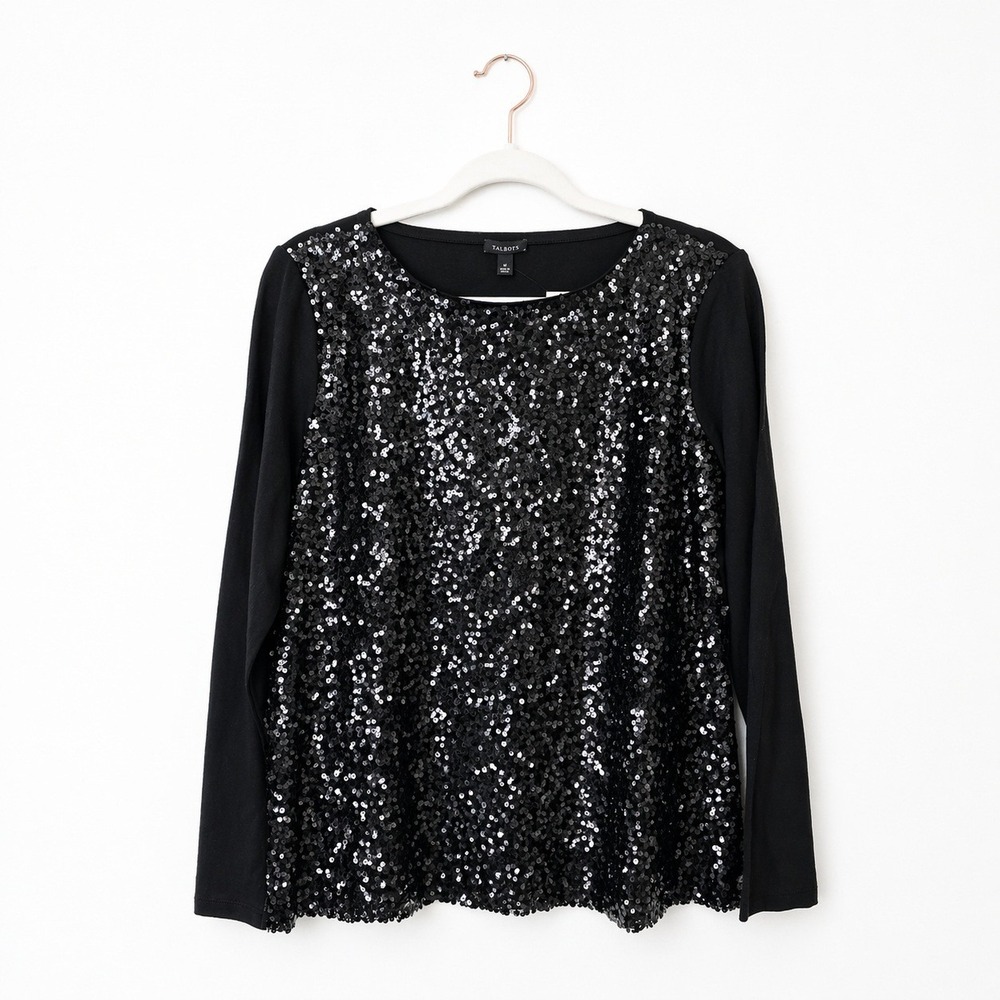 Talbots Sequin Top Women Medium Black NWT Pima Cotton Long Sleeve Party Tee